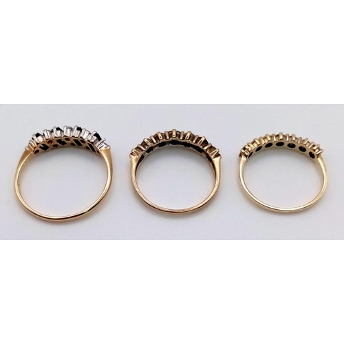 359 - A SELECTION OF 3 9K GOLD RINGS ALL STONE SET.  5.4gms IN TOTAL.  SIZES N, O AND T