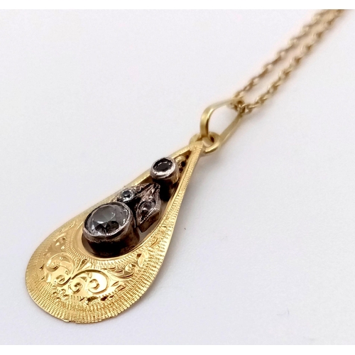 363 - A 4 DIAMOND PENDANT IN 14K GOLD ON A 14K GOLD 42cms CHAIN.  3.3gms