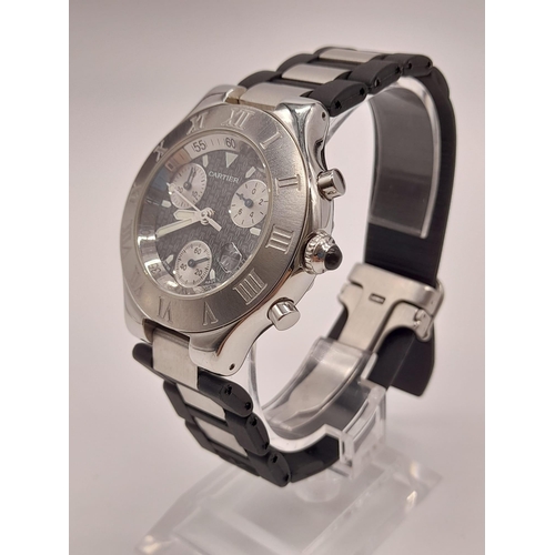 389 - A Cartier Chronoscaph 21 Gents Watch. Black rubber and steel strap. Stainless steel case - 36mm. Qua... 