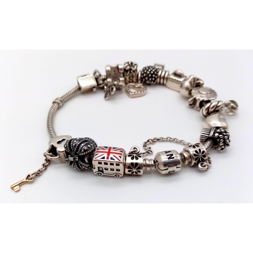 388 - A Pandora Silver Rope Charm Bracelet - 18 charms including: Heart, dolphin handbag, car, hedgehog, l... 