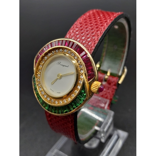 149 - A Bouquet 18K Gold, Ruby and Emerald Dress Watch. Red leather strap. Gold, emerald and ruby case - 3... 