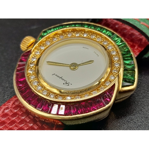 149 - A Bouquet 18K Gold, Ruby and Emerald Dress Watch. Red leather strap. Gold, emerald and ruby case - 3... 