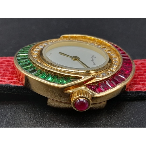 149 - A Bouquet 18K Gold, Ruby and Emerald Dress Watch. Red leather strap. Gold, emerald and ruby case - 3... 