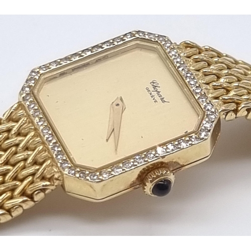 214 - A Chopard 18K Gold and Diamond Ladies Watch. 18K gold strap and case - 20mm. Diamond bezel. Gold dia... 