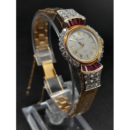 258 - A Cortebert 18k Gold Diamond and Ruby Ladies Watch. 18K gold, diamond and ruby bracelet. 18K gold an... 