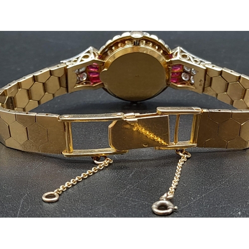 258 - A Cortebert 18k Gold Diamond and Ruby Ladies Watch. 18K gold, diamond and ruby bracelet. 18K gold an... 