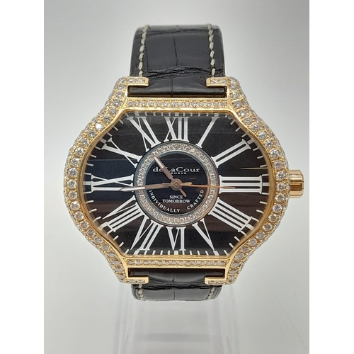 30 - A De La Cour 18k Gold and Diamonds - Since Tomorrow Dress Watch. Black leather strap with 18k gold a... 