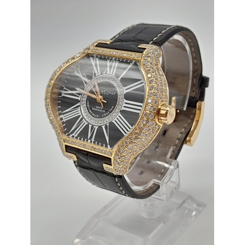 30 - A De La Cour 18k Gold and Diamonds - Since Tomorrow Dress Watch. Black leather strap with 18k gold a... 