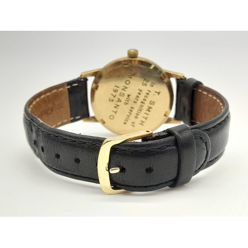 354 - An Vintage Omega Automatic Gents 9k Gold Watch. Black leather strap. Gold case - 35mm. Silver tone d... 