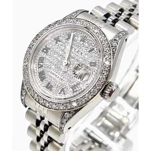 93 - A Rolex Diamond Encrusted Datejust Automatic Ladies Watch. Stainless steel strap. Diamond encrusted ... 