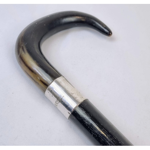 193 - An Antique Alexander Crichton Silver Band Walking Stick. Animal horn handle. Hallmarks for London 17... 