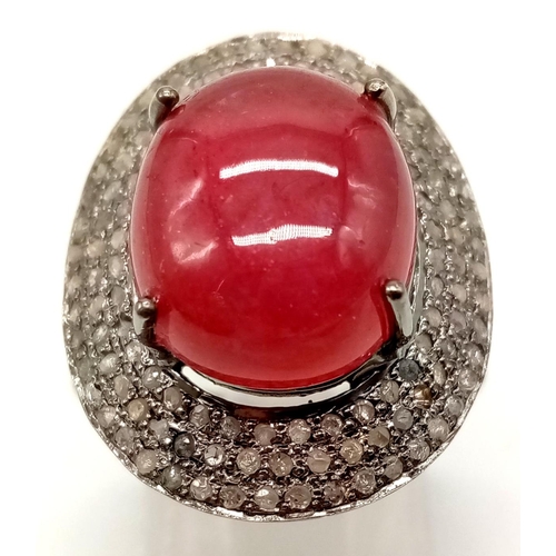 426 - 16ct Cabochon Ruby Gemstone Ring with .85ct of diamonds in a Pave Setting, set in 925 silver. Size P... 