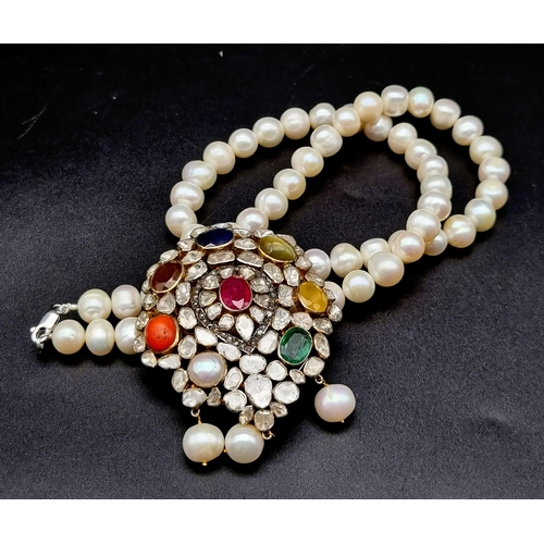 79 - 130 Grams of Rare Polki and Diamond Necklace with a chain of freshwater pearls. The pendant is studd... 