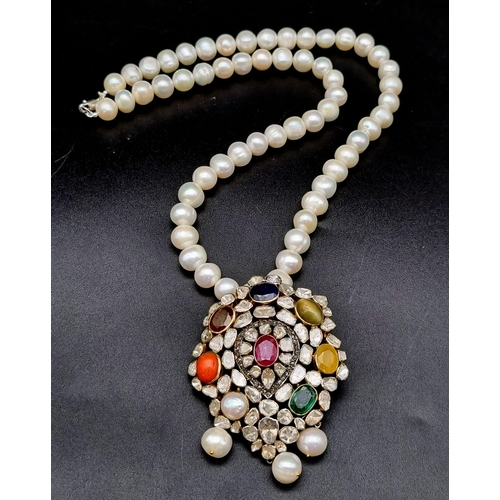 79 - 130 Grams of Rare Polki and Diamond Necklace with a chain of freshwater pearls. The pendant is studd... 