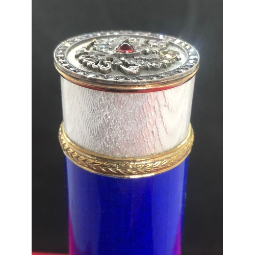 218 - 14k gold enamel Russian cigar holder case  with Diamonds 
Length 18cm
Diameter 2.8cm
Weight 178.3 gr... 