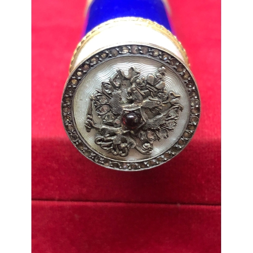 218 - 14k gold enamel Russian cigar holder case  with Diamonds 
Length 18cm
Diameter 2.8cm
Weight 178.3 gr... 