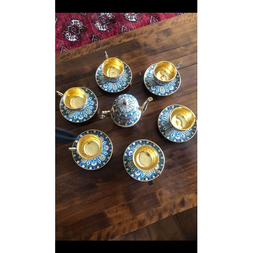 52 - A RUSSIAN SILVER GILT AND CLOISONNÉ ENAMEL TEA SET.

Complete set of 13 pieces .
Superb condition 
E... 