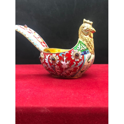 73 - A large Russian silver enamel gem set Russian bird kovsh in red colour theme.

Length to tail 13cm 
... 