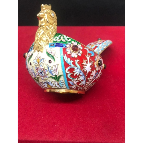 73 - A large Russian silver enamel gem set Russian bird kovsh in red colour theme.

Length to tail 13cm 
... 