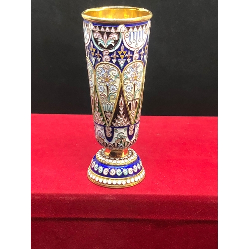 94 - Russian silver enamel vase 
Weight 178.3 grams 
Height 13cm
Diameter 5cm