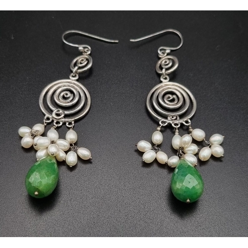 1178 - 97cts Dangler Emerald Gemstone Earrings with pearls in 925 Silver antique finish. Total weight: 19.1... 