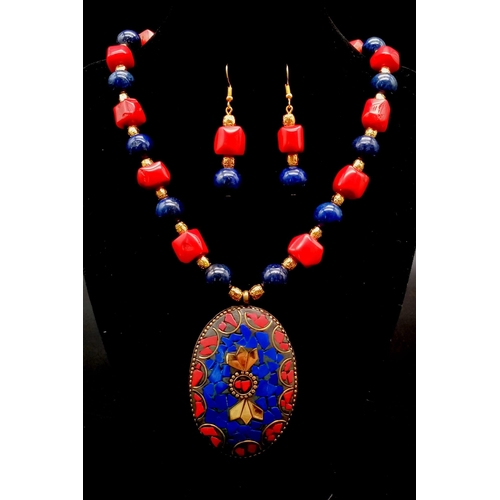 1185 - A Nepalese, ethnic, necklace and earrings set with lapis lazuli and red coral. Necklace length: 48 c... 