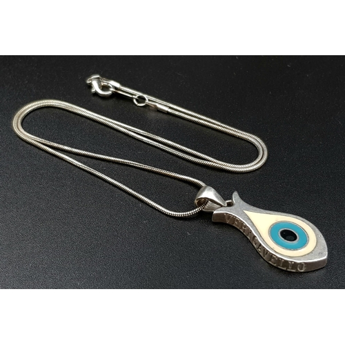 1192 - Solid silver and enamel eye pendant on 16