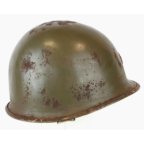 123 - WW2 US M1 Major’s Swivel Bale Helmet. Made by Schluter. Front seam split with brass Majors oak leak ... 