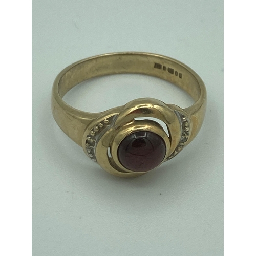 1199 - 9 carat GOLD GARNET CABOCHON RING having polished Garnet cabochon solitaire set to top with Diamond ... 