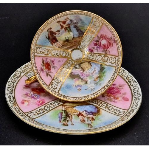 46 - An Antique Meissen Miniature Cup and Saucer. Soft pastel colours. Pastoral scenes and gilded decorat... 