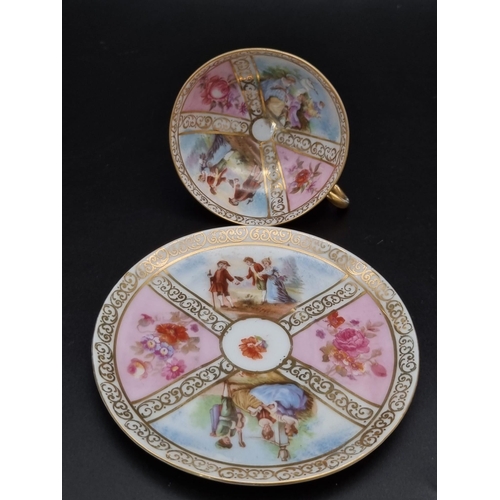 46 - An Antique Meissen Miniature Cup and Saucer. Soft pastel colours. Pastoral scenes and gilded decorat... 