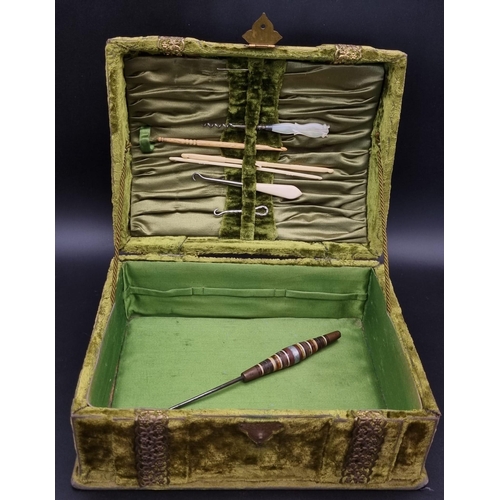 534 - A Wonderful Victorian Green Velvet Beauty Box. Comes with a selection of antique corset adjusters an... 