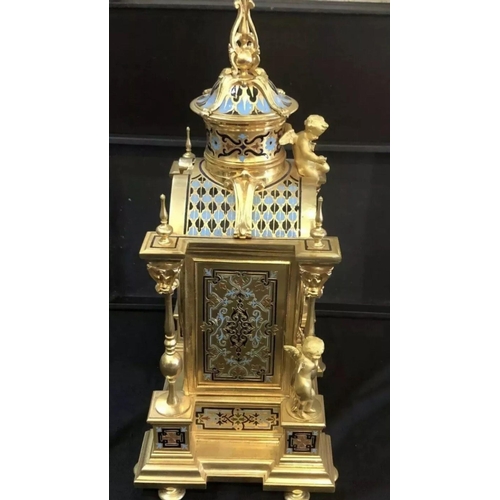 115 - Antique 19th century French Bronze Enamel CLOISONNE Champleve Mantle Clock decorated With Cherubs

T... 