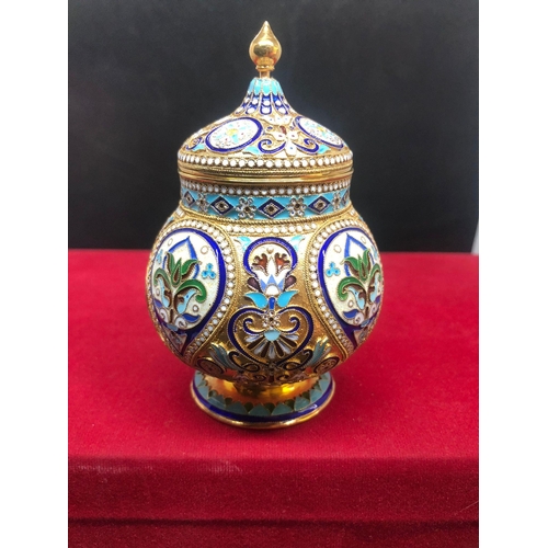 337 - Russian silver enamel lidded urn/caddy 
Height 10.6cm 
Diameter 6.6cm
Weight 146.9 grams