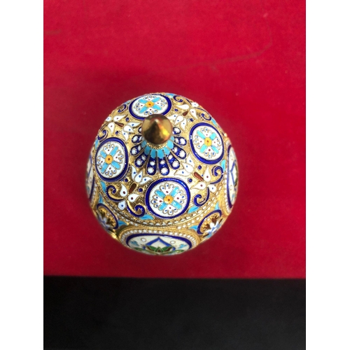 337 - Russian silver enamel lidded urn/caddy 
Height 10.6cm 
Diameter 6.6cm
Weight 146.9 grams