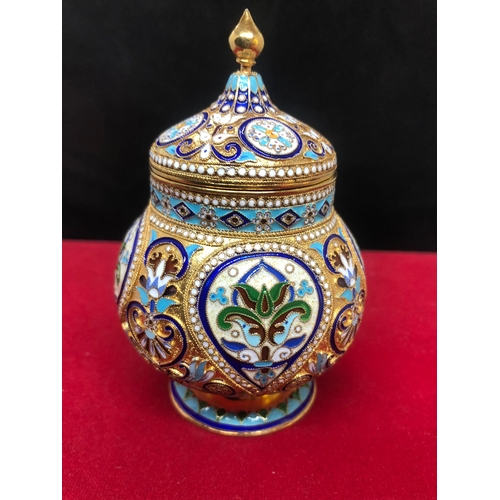 337 - Russian silver enamel lidded urn/caddy 
Height 10.6cm 
Diameter 6.6cm
Weight 146.9 grams