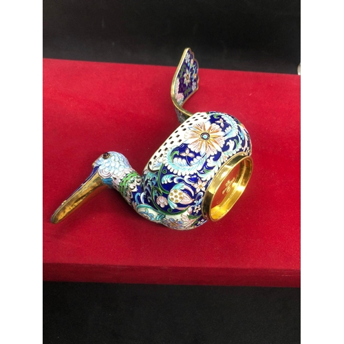 601 - Russian silver enamel large bird kovsh 
Weight 208.8 grams 
Length 18.5cm
Height top of tail 10.2cm
... 