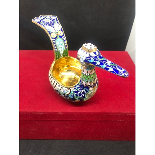 601 - Russian silver enamel large bird kovsh 
Weight 208.8 grams 
Length 18.5cm
Height top of tail 10.2cm
... 