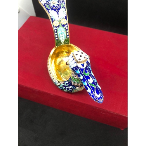 601 - Russian silver enamel large bird kovsh 
Weight 208.8 grams 
Length 18.5cm
Height top of tail 10.2cm
... 