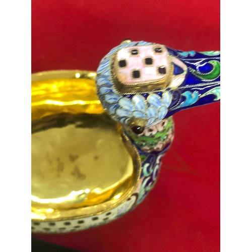 601 - Russian silver enamel large bird kovsh 
Weight 208.8 grams 
Length 18.5cm
Height top of tail 10.2cm
... 