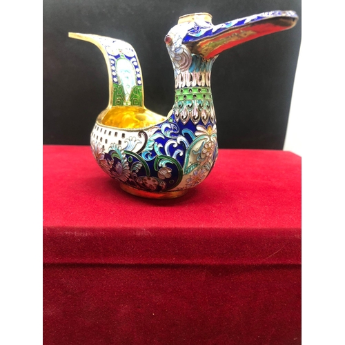 601 - Russian silver enamel large bird kovsh 
Weight 208.8 grams 
Length 18.5cm
Height top of tail 10.2cm
... 