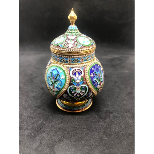 608 - Russian silver enamel lidded urn/caddy 
Height 10.6cm 
Diameter 6.6cm
Weight 146.9 grams