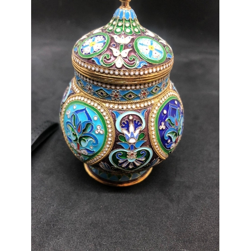 608 - Russian silver enamel lidded urn/caddy 
Height 10.6cm 
Diameter 6.6cm
Weight 146.9 grams