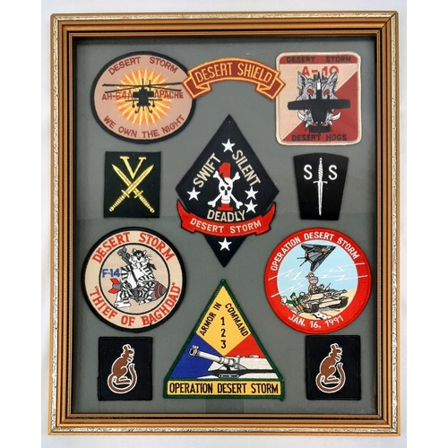 495 - A Vintage Framed and Glazed Set of 11 Special Forces Cloth Badges Relating to Desert Storm and Deser... 