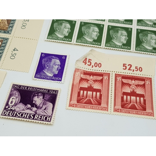 610 - 4 Blocks and Three Individual Authentic WW2 Period Third Reich Postage Stamps including 13 Adolph Hi... 