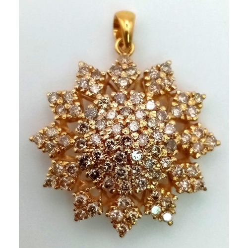 158 - A Sensational Vintage 18K Yellow Gold Diamond Floral Pendant. 40 bright round-cut diamonds decorate ... 