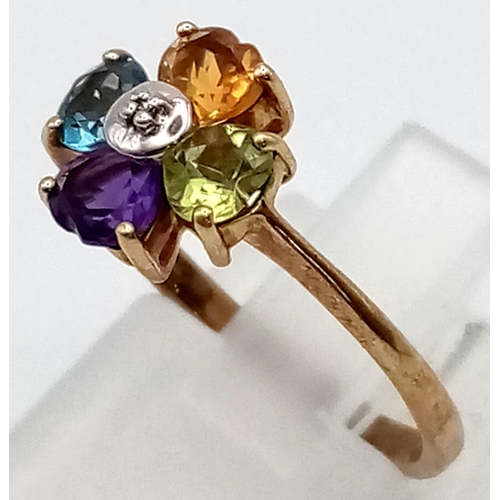 305 - A Vintage 9K Yellow Gold Multi-Gemstone Heart Ring. Four heart-cut stones comprising of : Amethyst, ... 