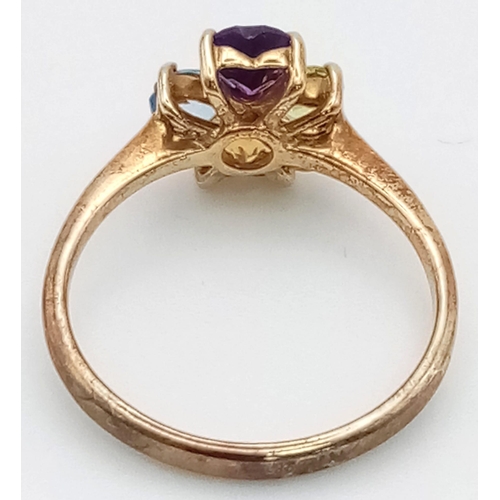 305 - A Vintage 9K Yellow Gold Multi-Gemstone Heart Ring. Four heart-cut stones comprising of : Amethyst, ... 