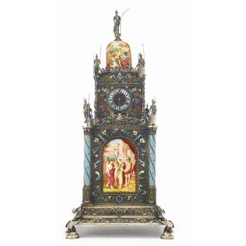 412 - Rare four Sided Austrian solid silver and enamel tower clock Herman Boehm of Vienna.

An Austrian si... 