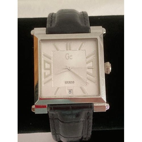 106 - Gentlemans GUESS Quartz wristwatch model GC 9000 in silver tone, having square case with Art Deco nu... 